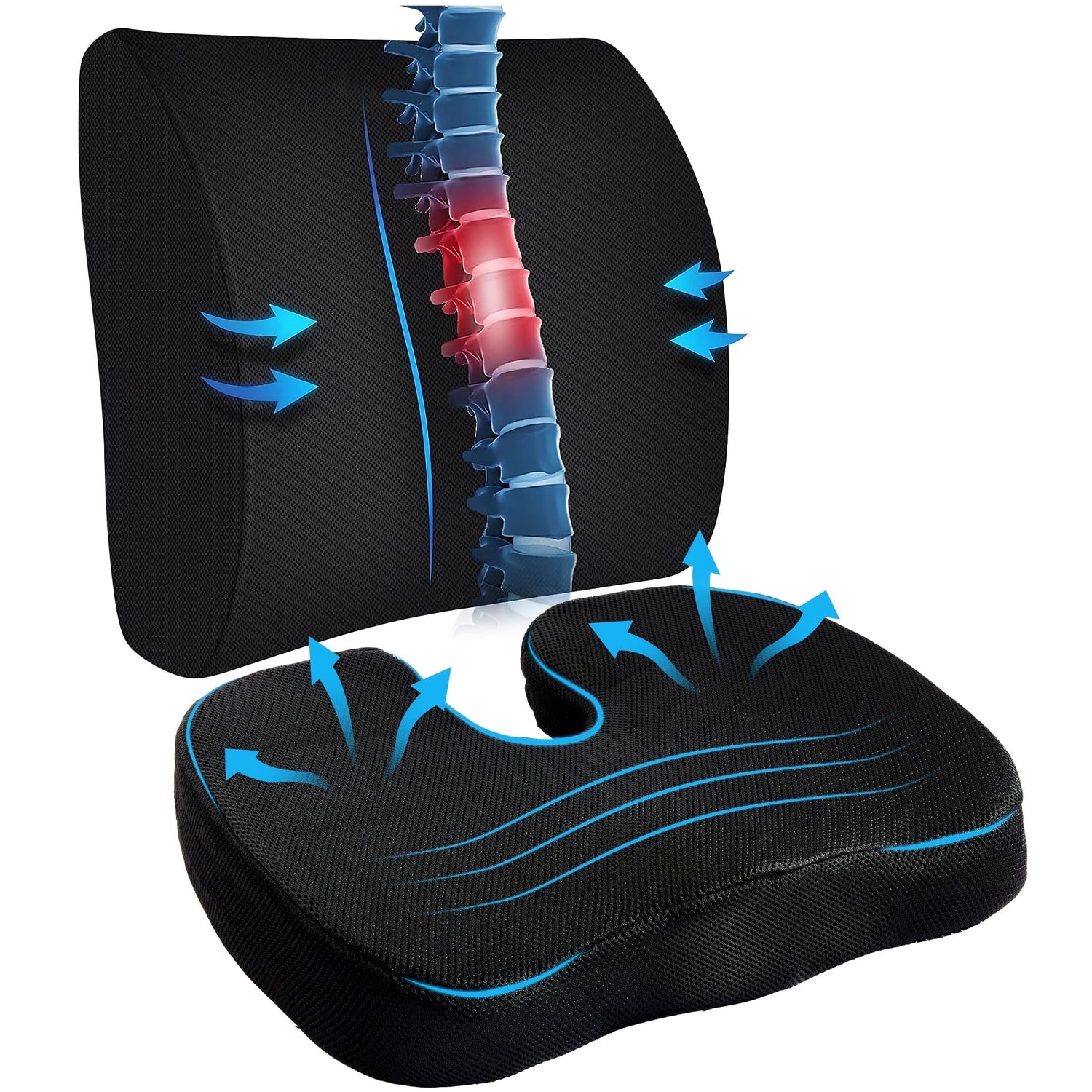 Memory Foam Seat and Lumbar Support Cushion for Tailbone and Hip Pain Relief - Perfect for Office, Car, and Wheelchair Use