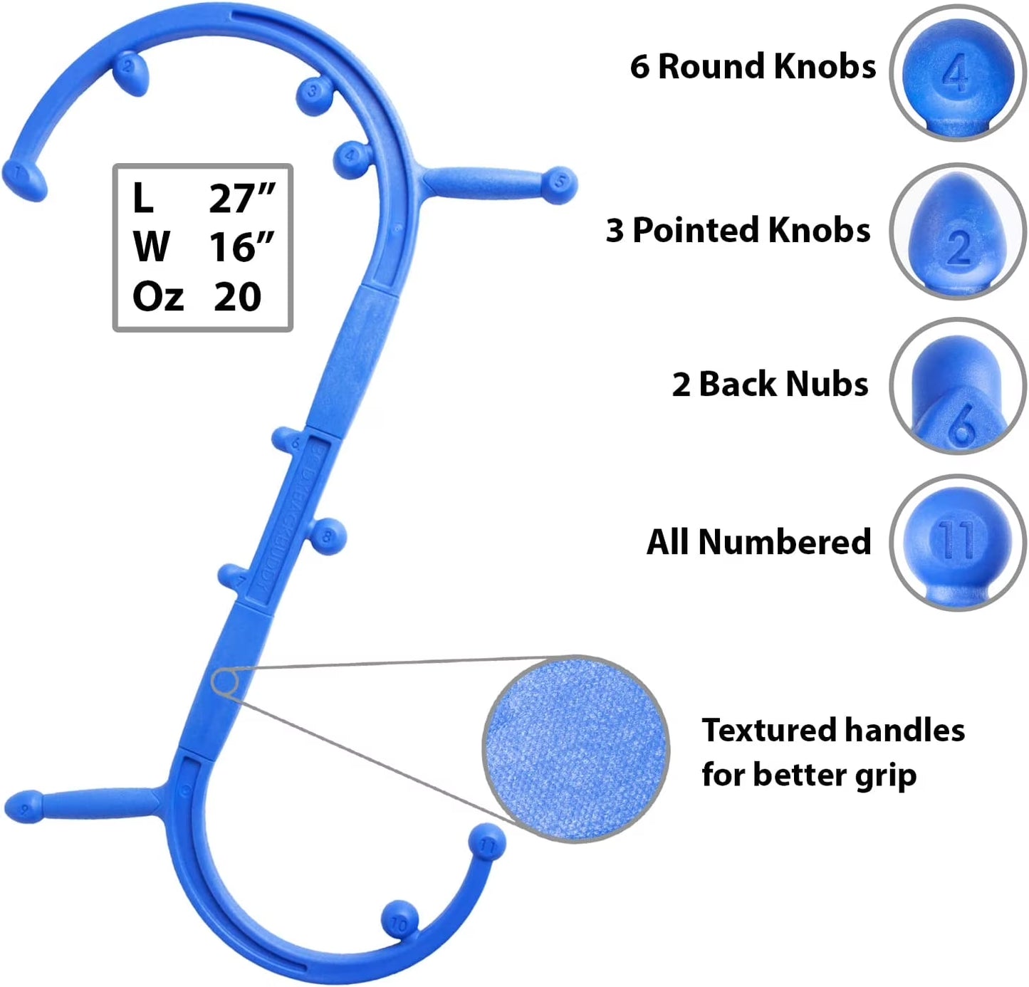 Buddy Elite Handheld Manual Massage Cane - USA Made Full Body Pressure & Trigger Point Massage Tool for Deep Tissue Pain Relief with Dual Massage Hooks for Back, Shoulder, and Neck (2.1 Blue)