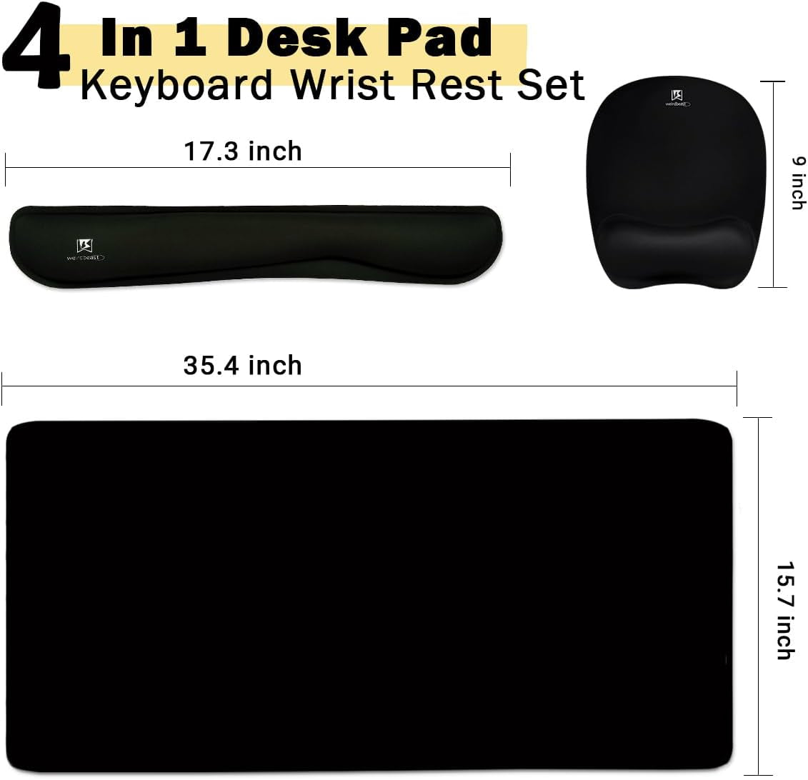 Ergonomic Memory Foam Keyboard Wrist Rest and Large Mouse Pad Combination for Home Office and Gaming - Black