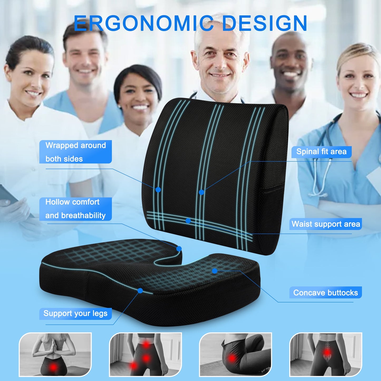 Memory Foam Seat and Lumbar Support Cushion for Tailbone and Hip Pain Relief - Perfect for Office, Car, and Wheelchair Use